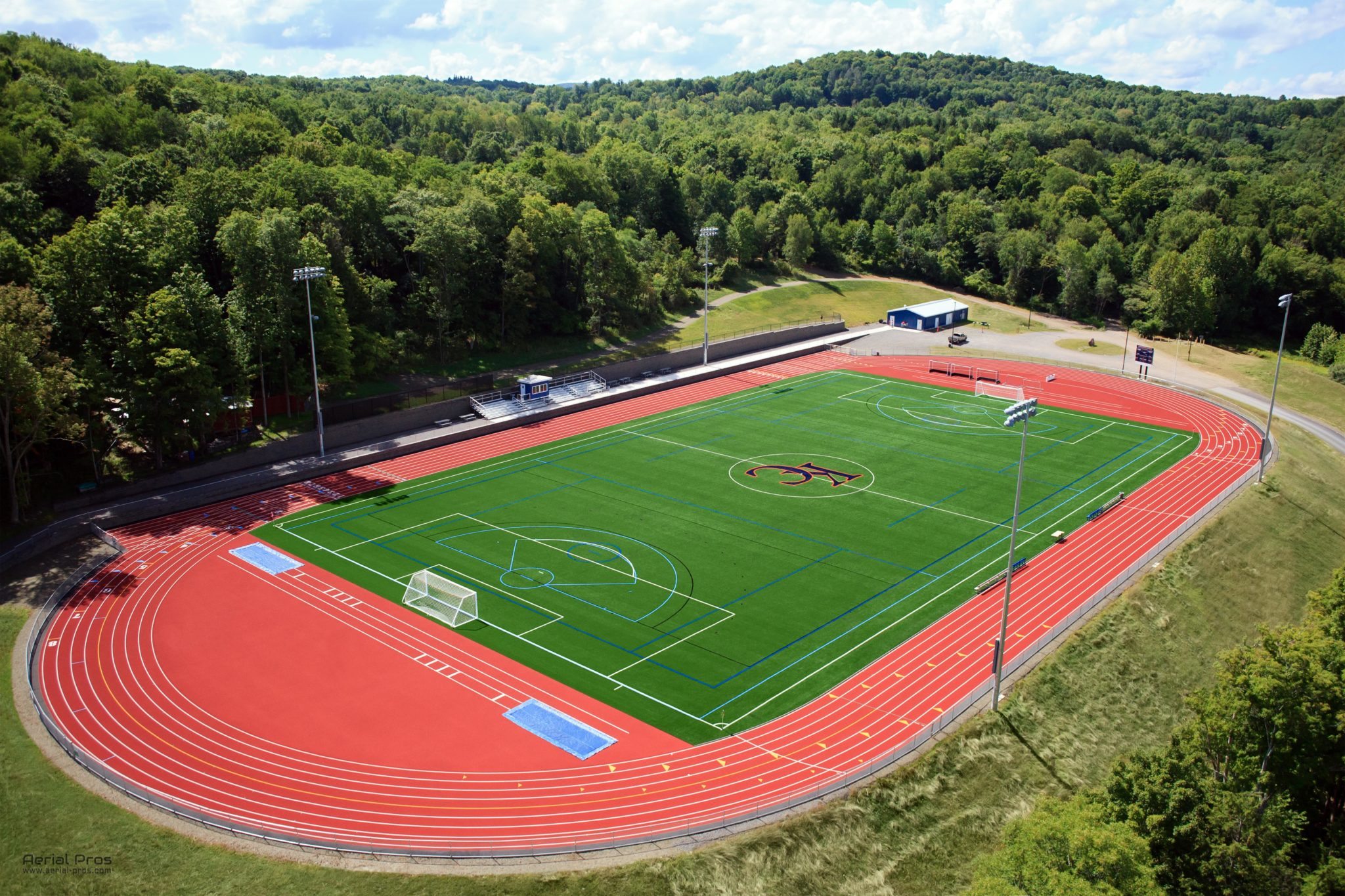 aerial view of athletic track and field