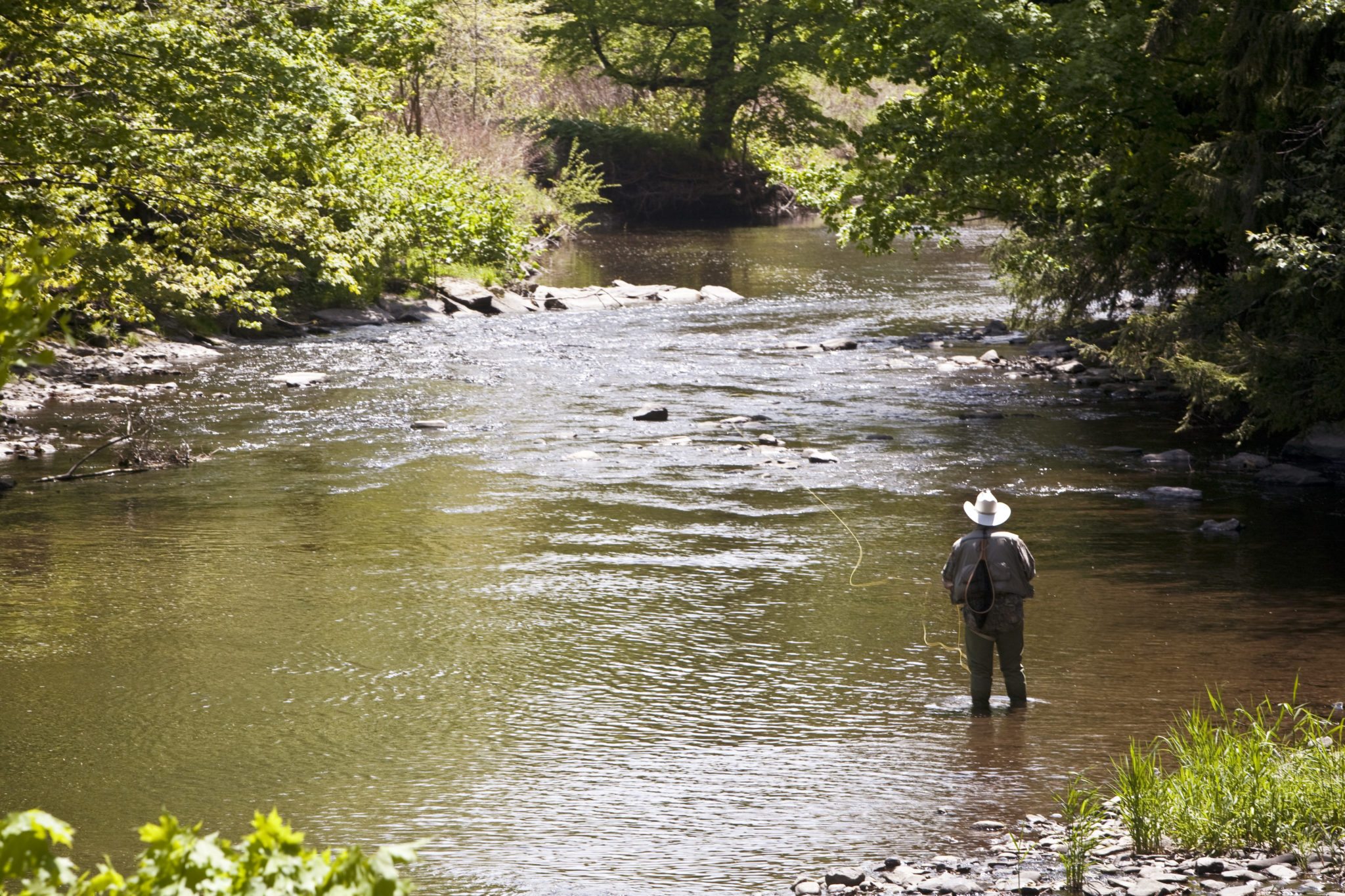 Man fishes the Nakomis Creek on Keystone College campus.