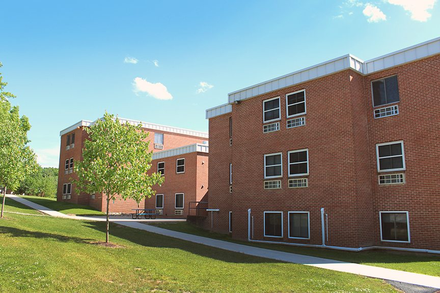 row of brick residence halls at Keystone College