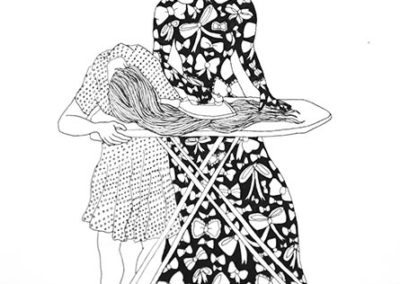 Black and white line art of woman ironing a girl's hair on the ironing board