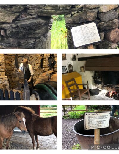 Scenes from the Kerry Bog Village (ruins of house of widow with 10 children evicted during the potato famine; blacksmith's shop; thatcher's cottage; Kerry Bog Ponies; famine pot)