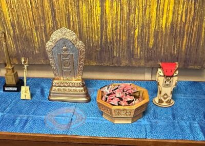 Several artifacts representing Mongolian history, cultural, and artistic tradition on display on the campus of Keystone College.